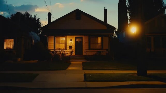 Evening Home: Tranquil Suburban House with Warm Lights and Dusk Sky