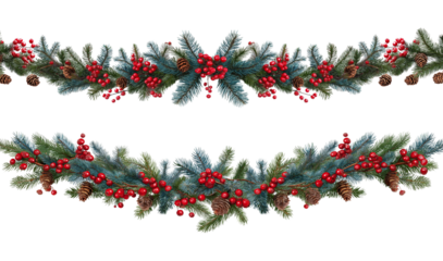 Seamless decorative christmas border with coniferous branches and garlands on transparent background, cutout