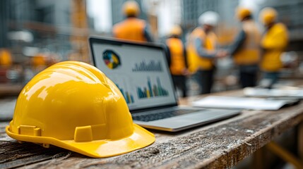 Yellow hard hat rests beside a laptop displaying financial charts on a table at a construction site. Engineers collaborate in the blurred background.