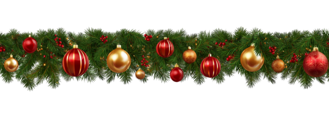 Seamless decorative christmas border with coniferous branches and garlands on transparent background, cutout