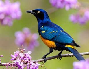 Vibrant bird perched amidst purple blossoms