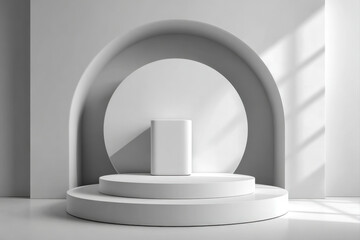 Fototapeta premium Minimal white circular pedestal with soft shadows on pure white background