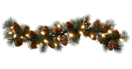 Seamless decorative christmas border with coniferous branches and garlands on transparent background, cutout