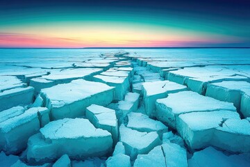 Fractured ice landscape at sunrise