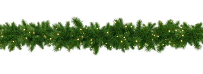 Seamless decorative christmas border with coniferous branches and garlands on transparent background, cutout