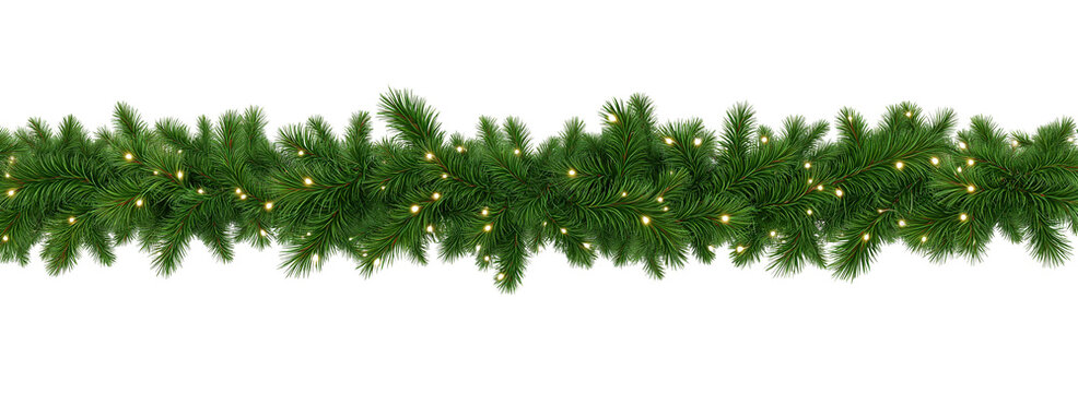 Seamless decorative christmas border with coniferous branches and garlands on transparent background, cutout