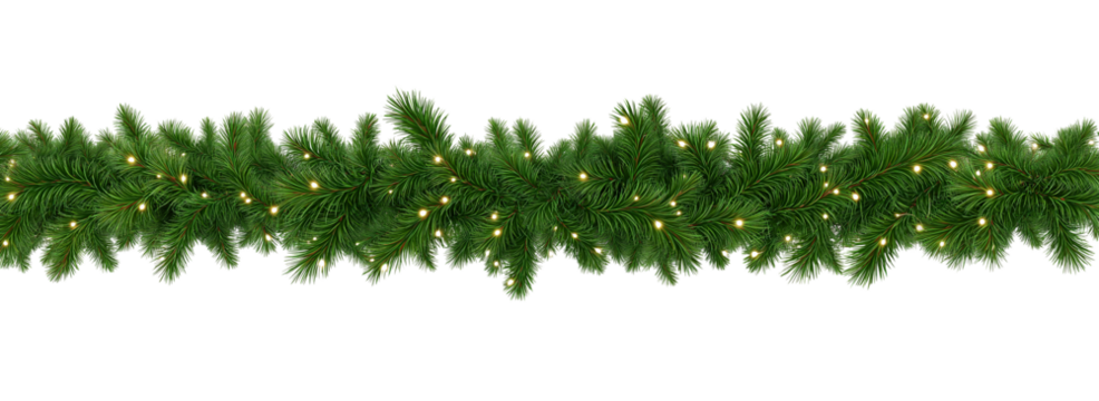 Seamless decorative christmas border with coniferous branches and garlands on transparent background, cutout