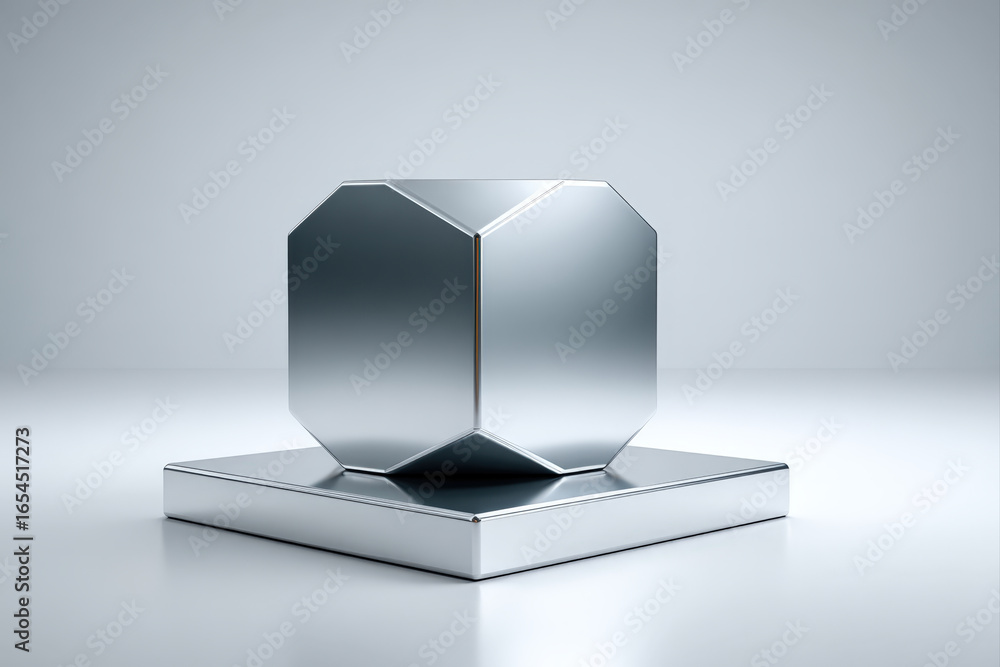 Poster futuristic liquid chrome hexagonal pedestal floating above white matte base for tech display
