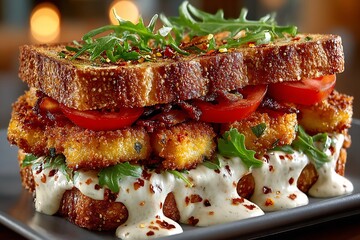 Close up of a gourmet sandwich with fried green tomatoes bacon and arugula on toasted bread