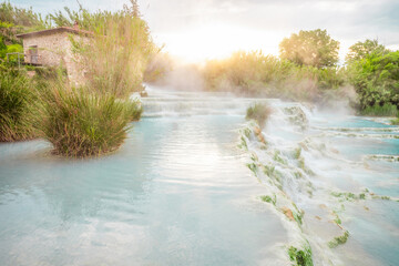 Beautiful thermal spa Terme di Saturnia in Italy. Top destinations in Italy. Trip to Europe.