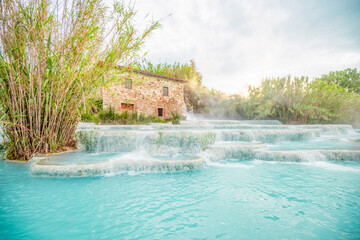 Beautiful thermal spa Terme di Saturnia in Italy. Top destinations in Italy. Trip to Europe.
