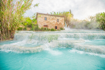 Beautiful thermal spa Terme di Saturnia in Italy. Top destinations in Italy. Trip to Europe.