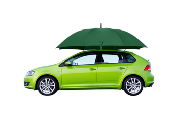 Green car with an umbrella on the roof isolated on transparent background