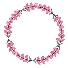Fototapeta premium Beautiful pink floral frame illustration decorated with hand drawn leaves and branches. Circle border. Perfect for invitation cards, greeting cards, wedding designs, logos and digital projects.