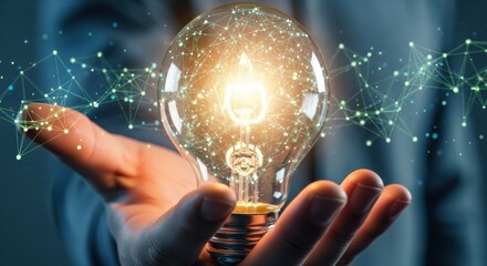 Connected Brilliance: A Luminous Idea Bulb with a Digital Network Held in a Human Hand