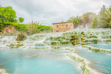 Beautiful thermal spa Terme di Saturnia in Italy. Top destinations in Italy. Trip to Europe.
