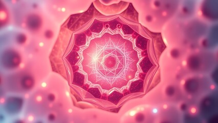 A glowing cellular structure unveiling a hidden geometric chamber with cosmic microscopic beauty.