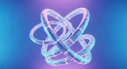 Futuristic glowing abstract wireframe knot with intertwined loops in vibrant blue and purple digital art