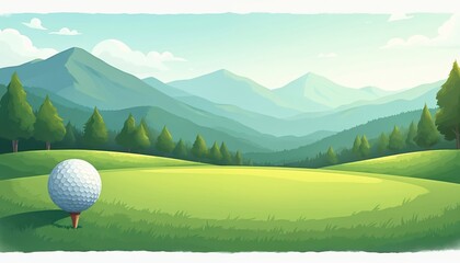 Golf ball on tee in idyllic mountain landscape. Lush green fairway, trees, rolling hills. Serene summer nature scene, perfect for sports, travel, relaxation promotions, website banners.