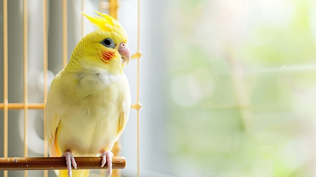 Cute yellow cockatiel perched on a wooden dowel in a birdcage