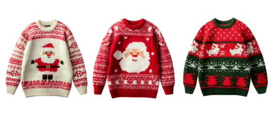Set of three Christmas ugly sweaters transparent background