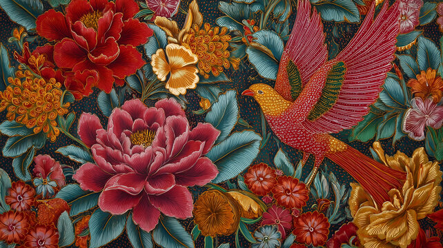 Floral bird illustration with vibrant colors - Powered by Adobe