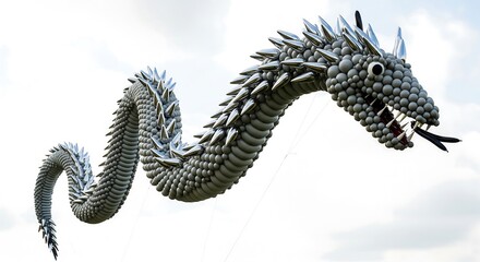 Naklejka premium A majestic silver serpent dragon sculpture with detailed scales and horns flying against a cloudy sky, a powerful mythical creature.