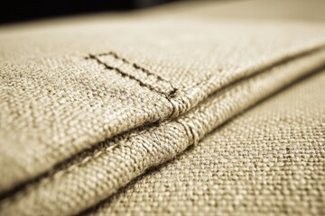 Close-up of a beige linen fabric with a seam