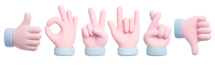 Obraz premium Illustration of set of 3D pink cartoon hands showing different gestures isolated on white background