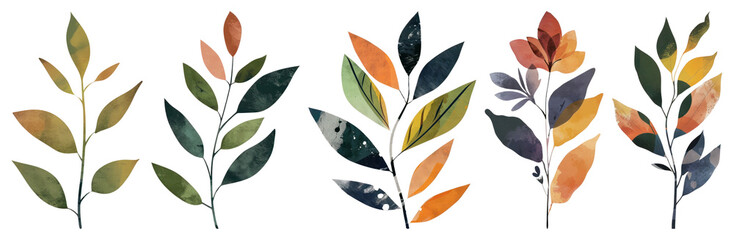 PNG Colorful watercolor leaf illustrations, element set on transparent background