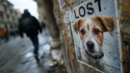 Lost dog poster on urban wall with blurred street background