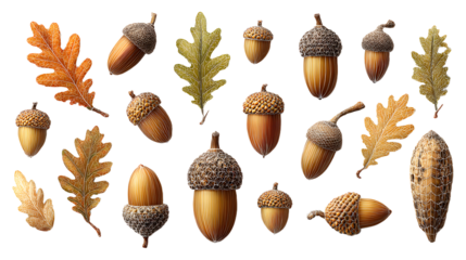 3D set of acorns and oak seeds isolated on white background for botanical and seasonal themes