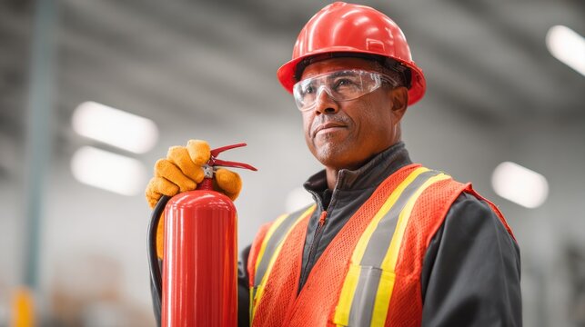 Safety training event for fire prevention industrial facility image of worker warehouse environment close-up view safety awareness