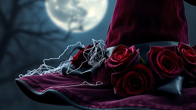 A velvet witch hat adorned with silver cobwebs and black satin ribbon, set against a mysterious moonlit Halloween backdrop.