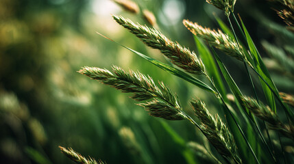Macro shot of lush green grass stalks in soft focus
