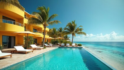 Luxury yellow resort with infinity pool overlooking turquoise ocean. Tropical getaway with palm trees, sun loungers, umbrellas. Mexican beachfront hotel offers serene vacation escape, relaxation,