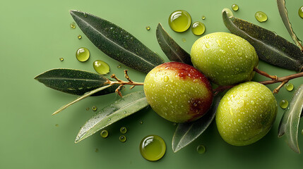 Fresh olives with oil drops on branch, 3D illustration
