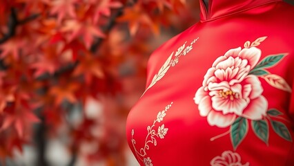 Traditional red silk cheongsam with peony embroidery, flowing gracefully with autumn maple leaves.