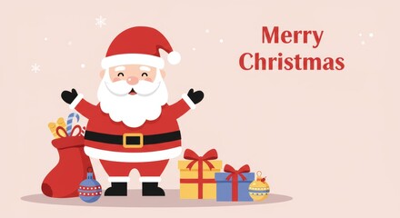Flat Design Santa with Presents and Holiday Decorations
