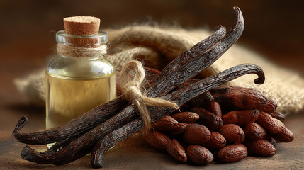 Vanilla beans, sugar, and extract in rustic setting
