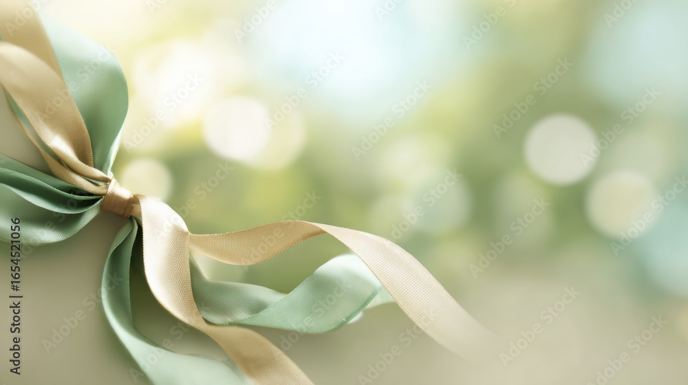 Poster soft sage and cream ribbon tied in delicate bow, creating cheerful and elegant backdrop. blurred bac