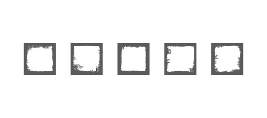 Five grunge distressed square frame elements template with empty space. Box with brush texture design set for border, overlay, image photo. Vector scratch isolated illustration
