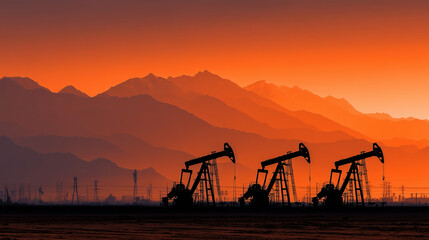 Silhouettes of oil pump jacks in desert landscape at sunset