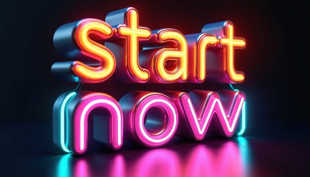 Futuristic bold neon typography spells Start Now. Bright yellow, pink neon lights glow on dimensional letters against dark background. Vibrant, energetic design promotes action, progress, technology,