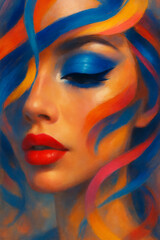 Naklejka premium Sensual close-up of a woman's face with colorful paint on her skin, vibrant lips, and dramatic makeup expressing a unique artistic elegance