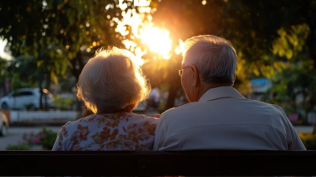 Elderly caucasian couple enjoying sunset together on park bench. Elderly Filipino Week