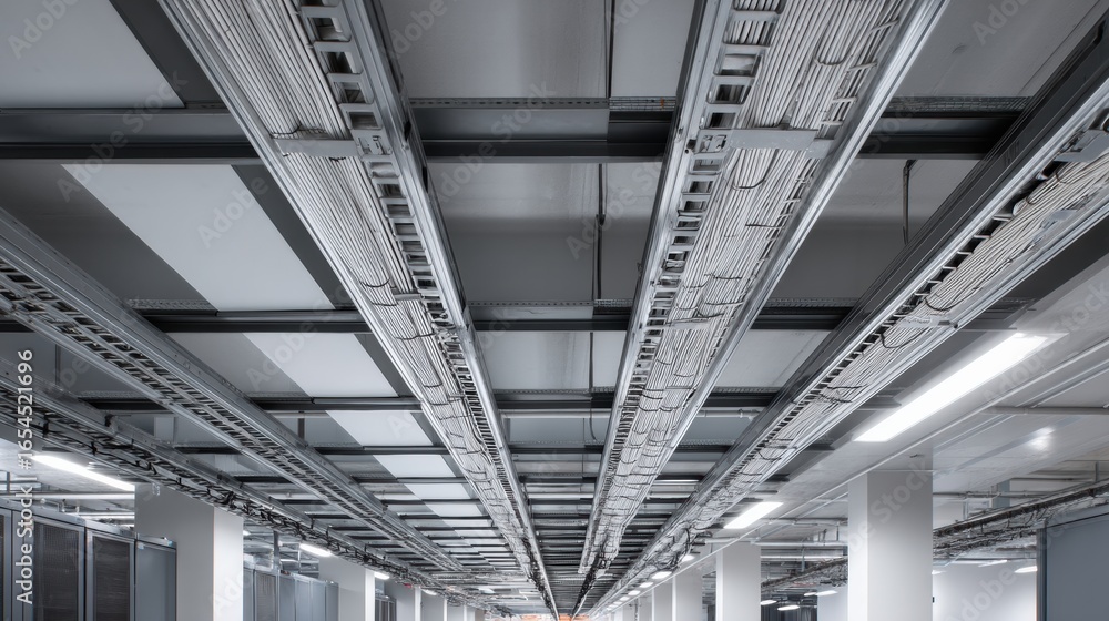 Poster efficiently designed cable trays are visible above server area, showcasing modern infrastructure for