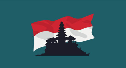 Vector illustration of Indonesian Independence Day: a silhouette of a Balinese temple against a waving Indonesian flag, a flat design with a patriotic red and white