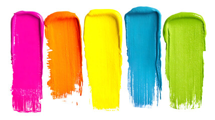 Fototapeta premium Five vertical vibrant paint strokes in pink, orange, yellow, blue, and green isolated on white or transparent png