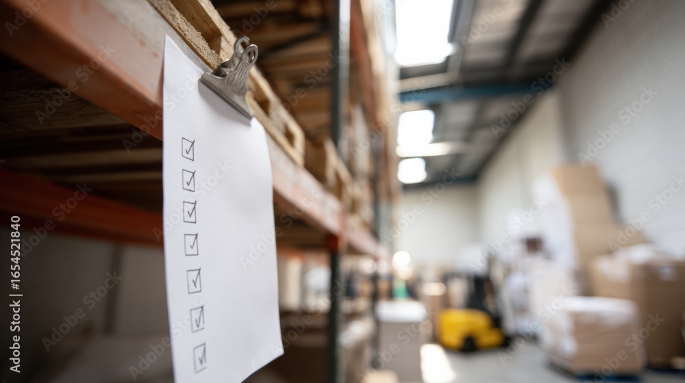 Poster efficient product packaging audit board with checklist displayed on clipboard in warehouse setting, 